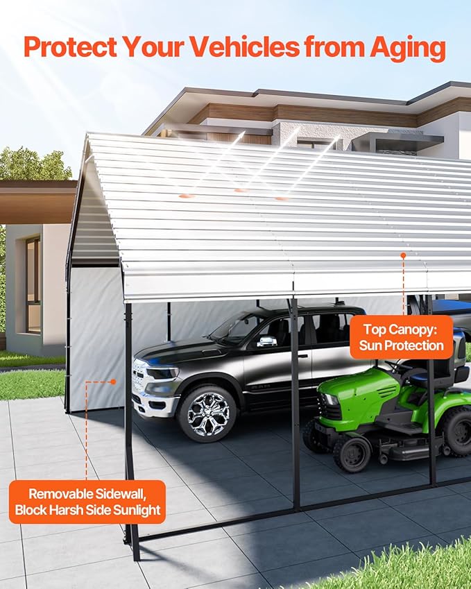 VEVOR Heavy Duty Metal Carport, 20 x 20 ft Outdoor Carport with Sturdy Frame & Roof, Car Garage Shade with Removable Sidewalls, Multi-Use Car Shelter for Pickup, Boat, Trucks & Tractors