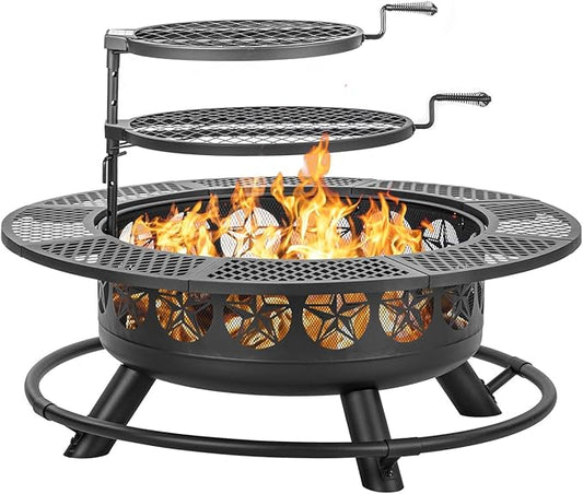 42 Inch BBQ Fire Pit with 2 Grills,3-in-1 Outdoor Round Metal Fire Pit Table with Lid,Fire Poker,Large Outdoor Wood Burning Firepits for Outside,Picnic,Bonfire Backyard Patio(Black)