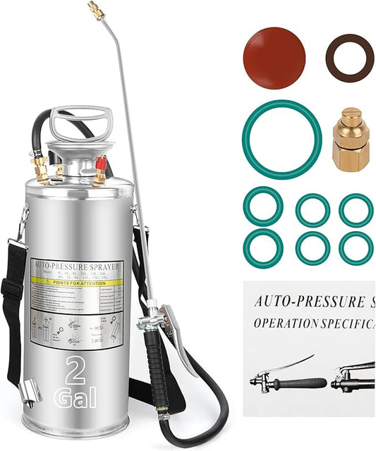 2 Gallon Stainless Steel Pump Sprayer - Hand Pump Sprayer with Pressure Gauge, Safety Valve&Adjustable Nozzle and Flat Nozzle, Garden Weed Sprayer with 20’’ Wand & 3FT Hose, Non-Corrosive Viton Seals