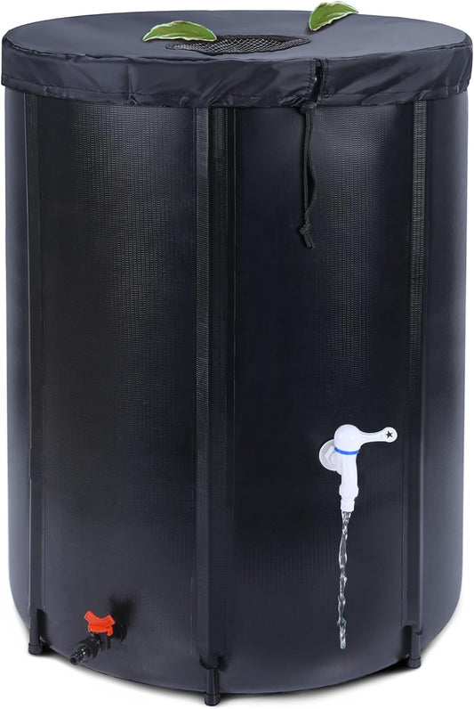 100 Gallon Rain Barrel - Portable Rain Water Collection Barrel - Large Collapsible Water Storage Tank with Spigot Overflow Kit, Black