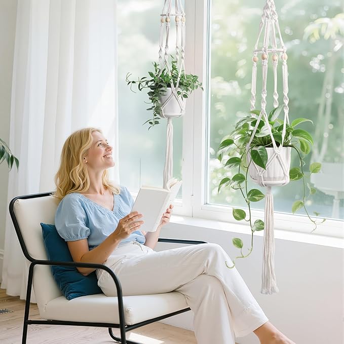 Macrame Plant Hanger with Grow Light: 2 Pack Boho Hanging Planters with Light for Indoor Plants, Ideal for Apartments, Small Spaces, Low-Light Rooms (GrowPro Spectrum)