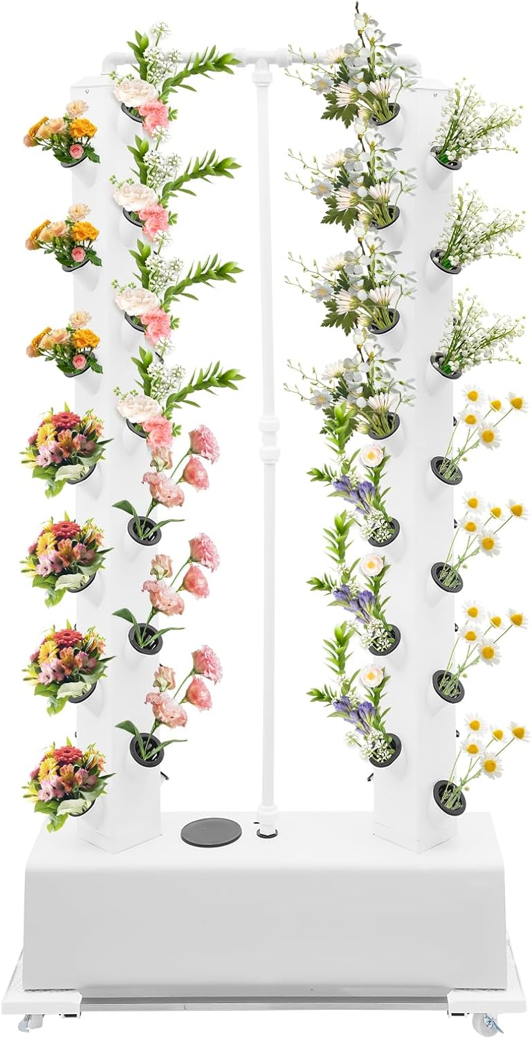 56-Pod Hydroponic Growing Tower, 7.9Gal Vertical Garden Kit with Timer, Hydroponic Growing Kit with Adjustable Water Pump & Wheels - Indoor/Outdoor Herb Vegetable Planter