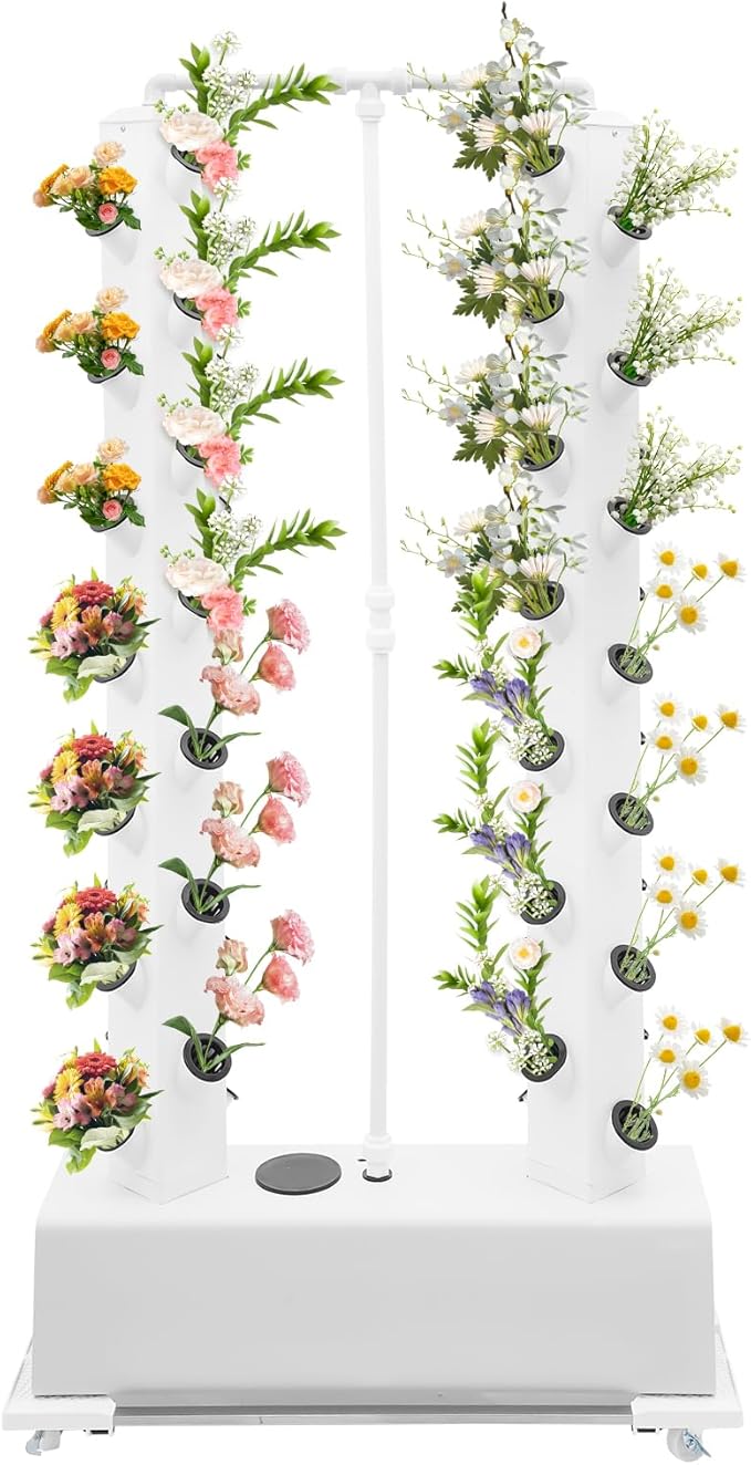 Hydroponic Growing Kit, Vertical Vegetable Planter Tower Hydroponic Germination Tower with 56 Planting Holes and 4 Wheels, 30L/7.93Gal Indoor Outdoor Garden Hydroponics Growing Tower System