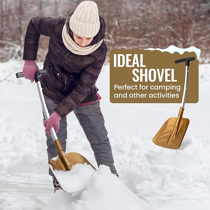OneTigris Snow Shovel, Collapsible Aluminum Alloy with Ice Scraper Brush - Portable Folding Shovel for Camping, Car Emergency, Winter Outdoor - 25.98" Lightweight Durable Design (Coyote Brown)