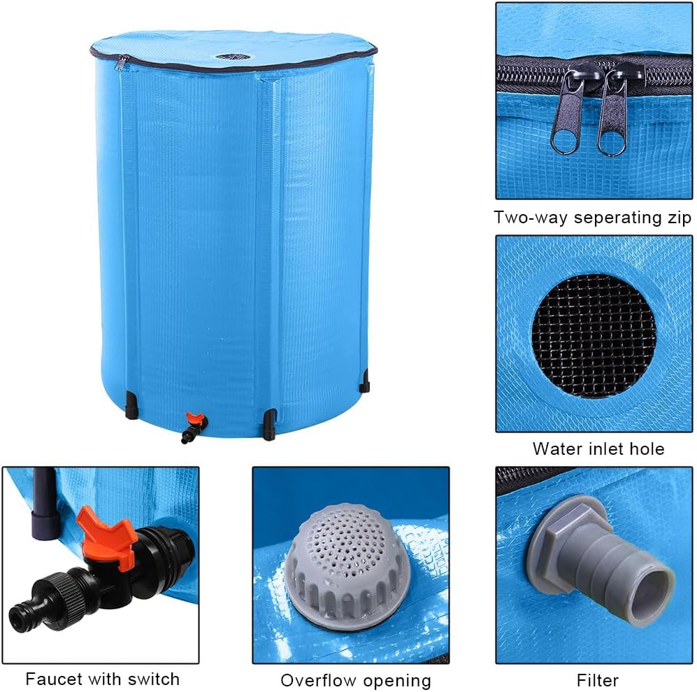 100 Gallon Collapsible Rain Barrel, Portable Rainwater Collection System, Water Storage Tank, Rain Catcher Barrel with Spigots and Overflow Kit, Rain Water Barrel Collector for Garden, Blue