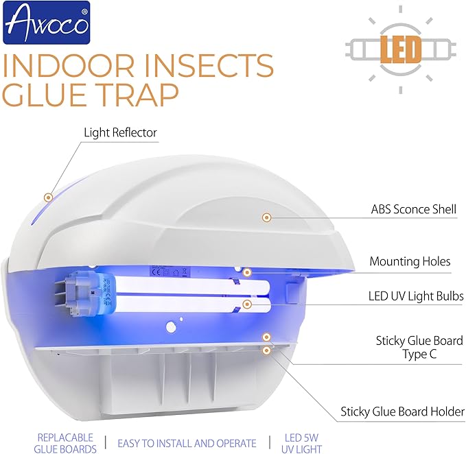 Awoco LED 5W 100V-240V Wall Mount Sconce Sticky Fly Trap Lamp for Capturing Flying Insects, Flies, Mosquitoes, and Moths (Fly Trap)