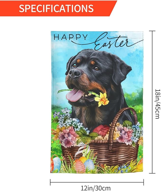 Happy Easter Rottweiler Dog Black Flower Eggs Garden Flag Welcome Party Outdoor Outside Decorations Picks Home House Garden Yard Decor 12x18 Inch
