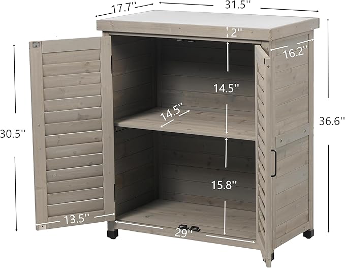 Potting Bench with Storage Cabinet and Metal Table Top for Outdoor Patio, Garden Furniture Wood Workstation Grey 31x17x36''