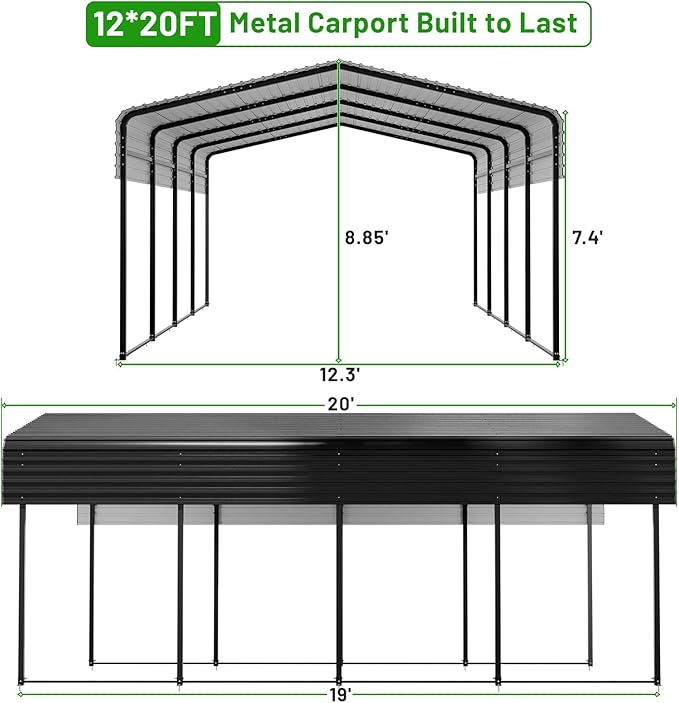 12 x 20 FT Metal Carport with Heavy Duty Galvanized Steel Roof & Durable Frame, Metal Car Garage, Sturdy Canopy Shelter for Car, Truck, Pickup, SUV, Tractor, and Boat