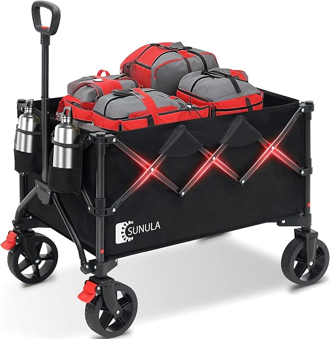 Collapsible Foldable Wagon Cart with 330lbs Weight Capacity, Heavy Duty Folding Wagon Cart with Big All-Terrain Wheels & Drink Holders. Black