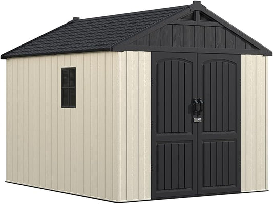 Greesum 8×10 FT Plastic Outdoor Storage Shed with Floor, Resin Sheds with Lockable Door and Window, Weather Resistant Organization for Garden, Lawn, Pool Supplies, Beige