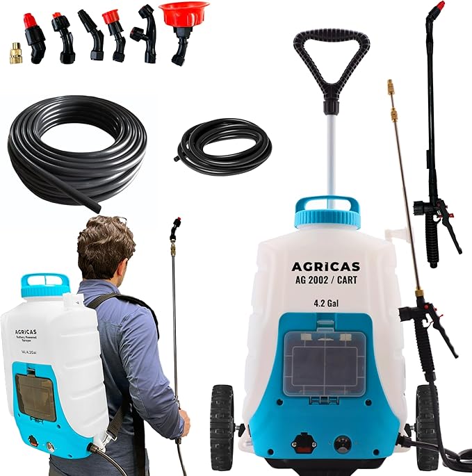 4.2 Gallon Battery Powered Sprayer with Cart - Wheeled Cart Sprayer for Lawn & Garden with Adjustable Nozzles and Backpack, High-Pressure Spray Hose for Weeding and Cleaning