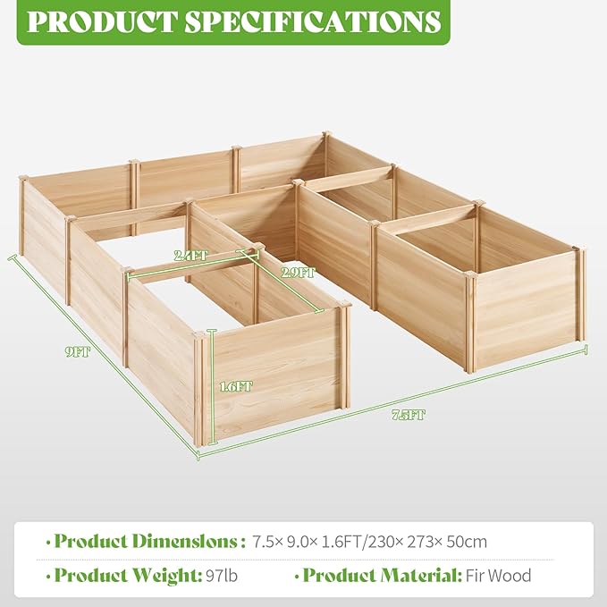 PaPaJet Raised Garden Bed for Outdoor, Seven Grids Deep Large Planter Box for Gardening, Vegetables, Flowers, Herbs（7.5× 9.0× 1.6FT）