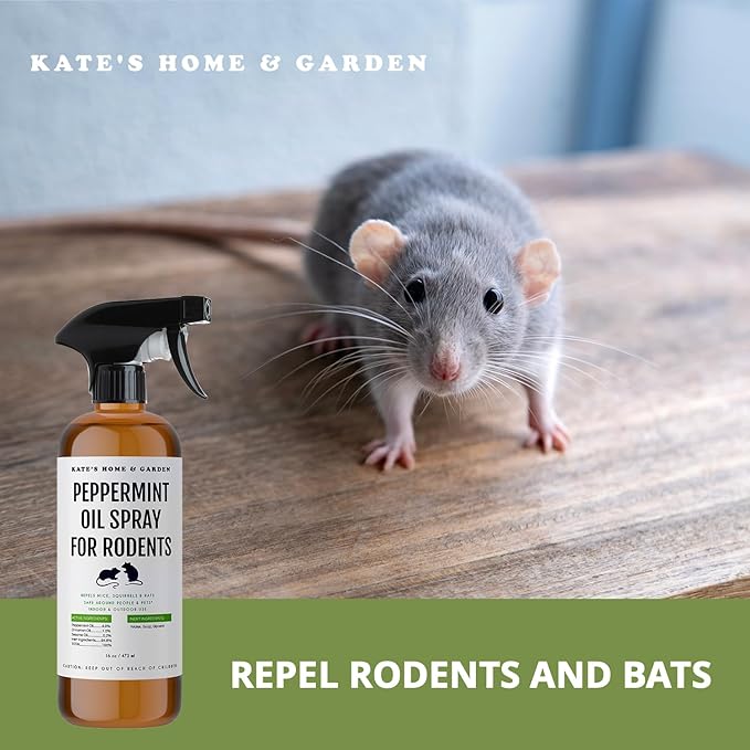 Kate Naturals Peppermint Oil Spray for Rodents, Squirrels, Mouse, Bat, Rat, Car Engines (16oz, Non-Toxic, Pet Safe)
