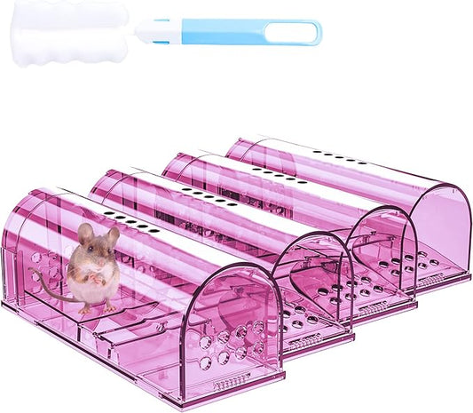 4 Pcs Humane Mouse Traps No Kill, Live Mouse Traps Indoor for Home, Reusable Mice Small Rat Trap Catcher for House & Outdoors(Pink)