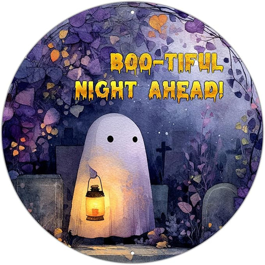 PEACHGARDEN Vintage Bootiful Night Ahead Ghost Metal Tin Sign Halloween Decor Gothic Wall Art Retro Plaque Spooky Home Kitchen Decor 12x12inch