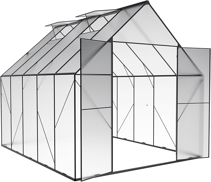 6x12 FT Greenhouses for Outdoors,Heavy Duty Polycarbonate Greenhouse,Lockable Walk-in Green House Sunroom w/ Adjustable Vent Window,Plant Grow Lights for Garden Plants Backyard Patio