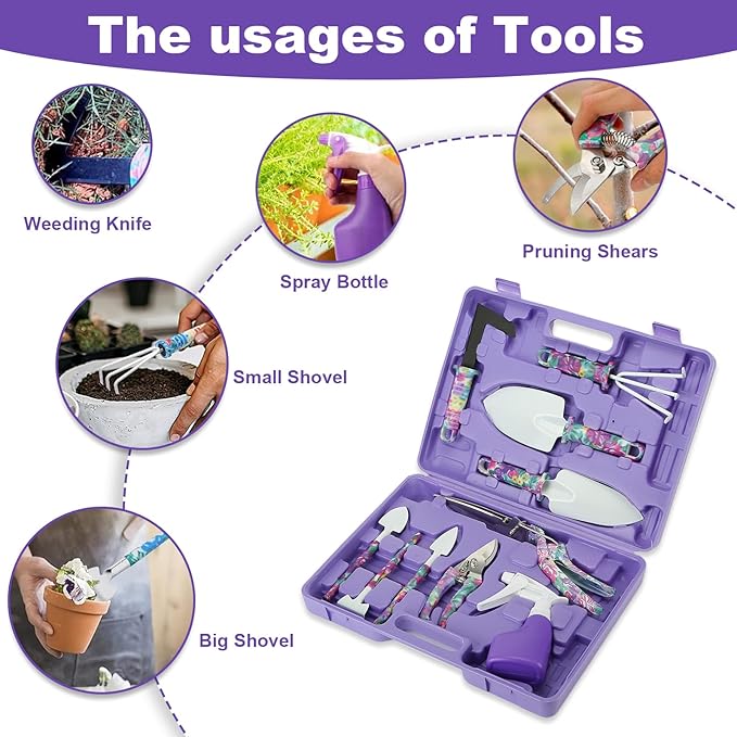 Gardening Gifts for Mom Kit with Purple Flower Print,Garden Hand Tool Set for Women Mothers Day Birthday Gift
