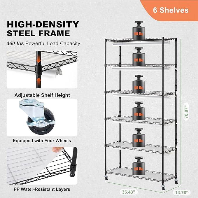 VEVOR Plant Stand with Grow Light, 6-Tier Large Tall Plant Shelf with 150W Full Spectrum Grow Light, Indoor LED Plant Light with Timer and Wheel for Seed Starting 35.4" L x 13.8" W x 70.9" H