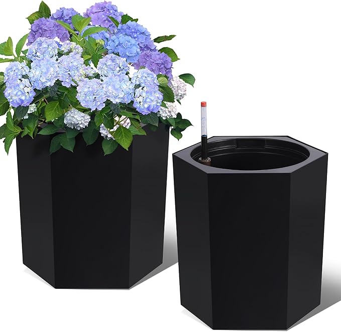 16 Inch Tall Outdoor Planters Set of 2, Self Watering Pots for Indoor Plants with Water Level Monitor & Drainage Hole & Wheels, Large Planter Pots for Garden, Patio, Balcony, Lounge, Black