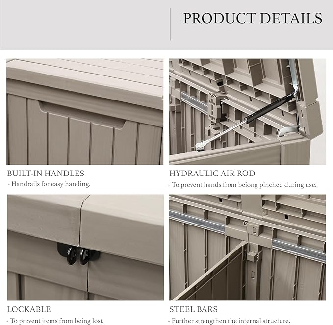 AJP Distributors 180 Gallon Outdoor Storage Box, Rain Waterproof Resin Deck Box, Lockable Large Storage Container for Patio Furniture, Cushions, Garden Tools, Sports Equipment and Pool Supplies Taupe