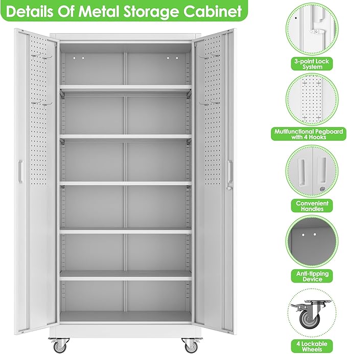 Rolling Tool Storage Cabinet with 5 Adjustable Shelves and Pegboard,Metal Garage Storage Cabinet with Wheels for Garage Home Office Utility Room,Required Assembly, 71" H×32" W×16" D,White