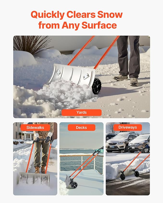 VEVOR 24 inch Snow Pusher Shovel with Wheels, Metal Heavy Duty Wheeled Push Snow Shovels for Driveway