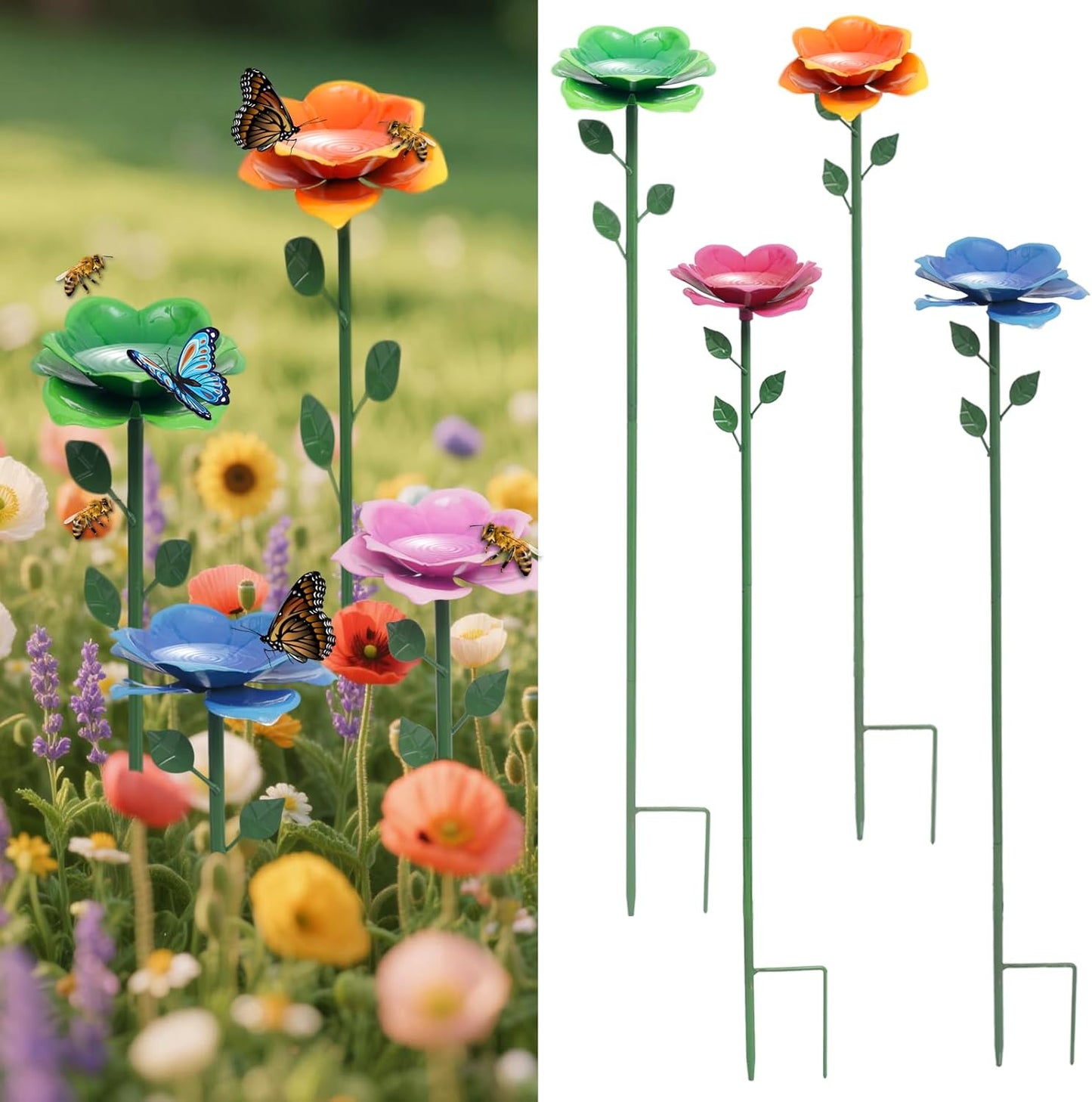 Bee Watering Station, Butterfly Feeder, Metal Bee Water Feeder with Flower Design,Elegant Outdoor Rose Yard & Patio Decoration (4PCS)