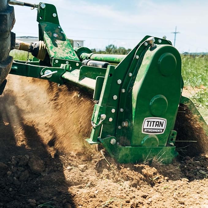 Titan Attachments 3 Point 72" Rotary Tiller Attachment, Fits Cat 1 Tractors, Green Finish, PTO Driven Cultivator with a 540 RPM Gearbox, Replaceable Tines, Aerates Ground Soil