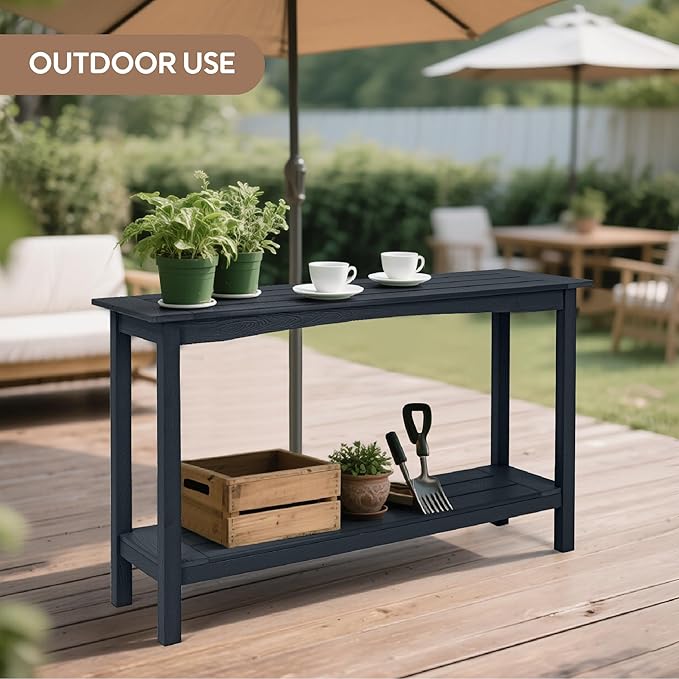 Weatherproof HIPS Outdoor Console Table, 48'' 2-Shelf SideTable Indoor/Outdoor Use, Multifunctional Buffet Table Bar Storage Organizer for Entryway,Yard, Patio, Outside Plant Stand Table, Black