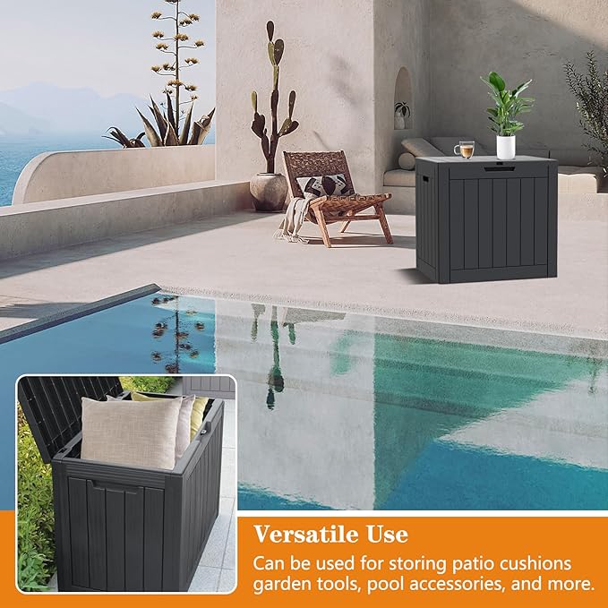 Modern-Depo 45 Gallon Waterproof Storage Deck Box Patio Furniture Organization Container with Lockable Lid, PP Outdoor Side Table for Garden, Yard, Poolside, Black