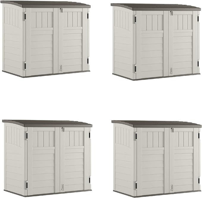 Suncast 4 Pack 34 Cu Ft Capacity Horizontal Outdoor Storage Shed for Garbage Cans, Garden Accessories, Backyard, and Patio Use, Vanilla