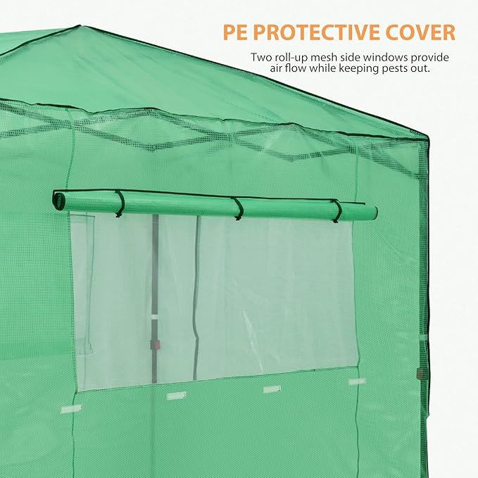 EAGLE PEAK Replacement Cover for 8x6 Portable Walk-in Pop up Greenhouse, Front and Rear Roll-Up Zipper Entry Doors and 2 Large Roll-Up Side Windows (Frame Not Included), Green