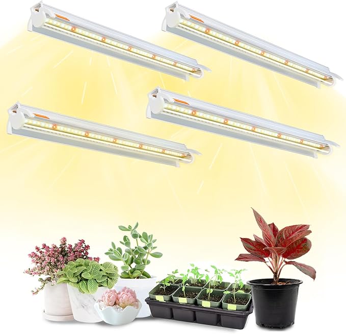 Plant Lights for Indoor Growing Seedlings - 16 in Long, 4-Count (10W x4) Full Spectrum T5 Grow Light Bars for Seed Starting, 4000K White LED Grow Lamp w/Reflectors for Shelf/Rack