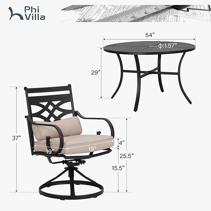 PHI VILLA 7 Pcs Patio Dining Sets,Outdoor Table Chair Set for 6 with Outdoor Swivel Chairs and Metal Frame Steel Round Table,Outdoor Dining Furniture with Cushion and Pillow for Garden Lawn Deck
