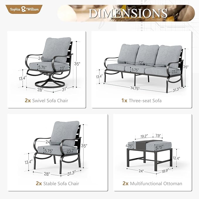 Sophia & William Patio Furniture Sets for 7 Outdoor Conversation Set 7 Pcs with 2 x Swivel Chairs, 2 x Armrest Sofa, 1 x 3-Seat Cushion Chairs, 2 x Ottomans for Coffee Garden Backyard Poolside Grey