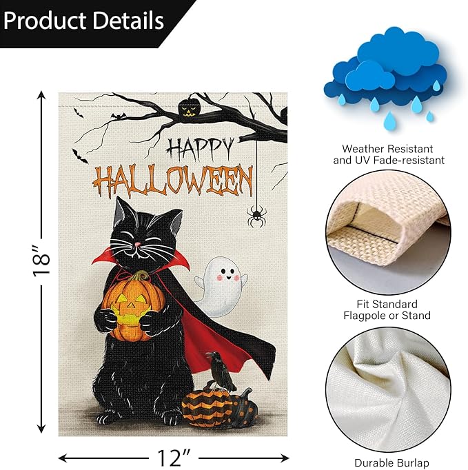 Louise Maelys Halloween Black Cat Garden Flag 12x18 Double Sided, Burlap Small Welcome Halloween Spooky Pumpkin Yard House Flags Seasonal Holiday Outdoor Outside Decor (ONLY FLAG)