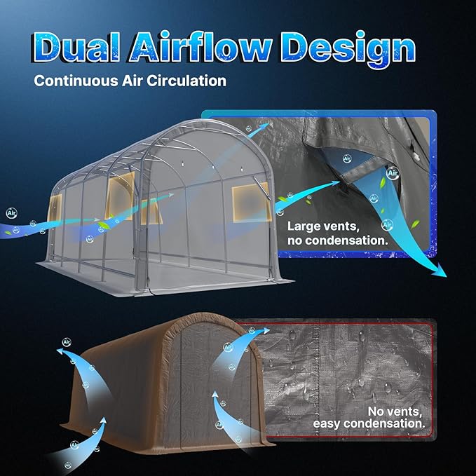 ADVANCE OUTDOOR 10x20 ft Heavy Duty Carport Outdoor Patio Large Space Canopy Storage Shelter Shed with 2 Roll up Zipper Doors & Vents for Snowmobile Garden Tools, Gray