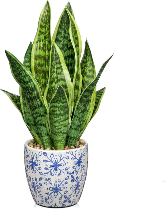 Hollyone Artificial Snake Plant Potted Faux Sansevieria Trifasciata Plants, 15.7" Tropical Fake Plants in Blue and White Porcelain Pots for Home Office Room Indoor Decor Housewarming Gifts