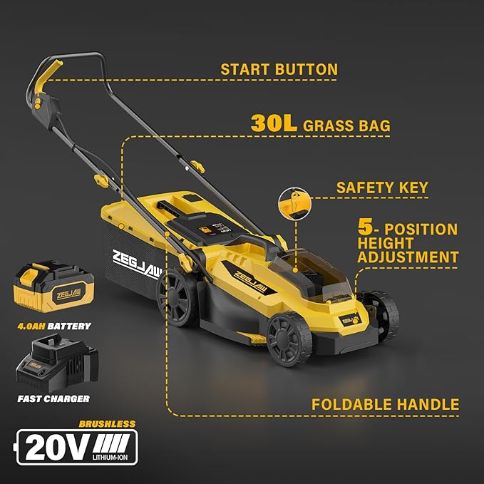 13-Inch 20V Cordless Electric Lawn Mower & 4.0Ah Battery