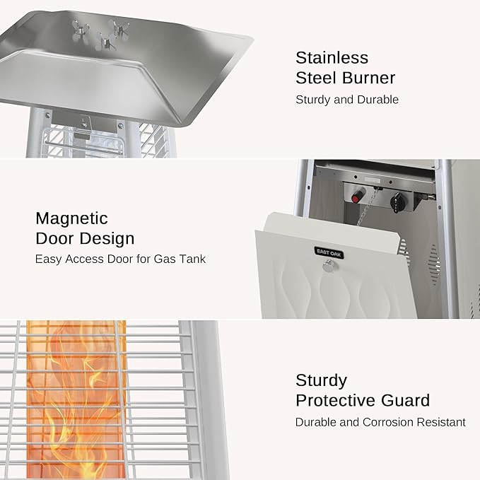 EAST OAK Pyramid Patio Heater, 48,000 BTU Outdoor Patio Heater, Quartz Glass Tube Propane Heater, Triple Protection System, With Wheels, Outdoor Heater for Commercial & Residential, White