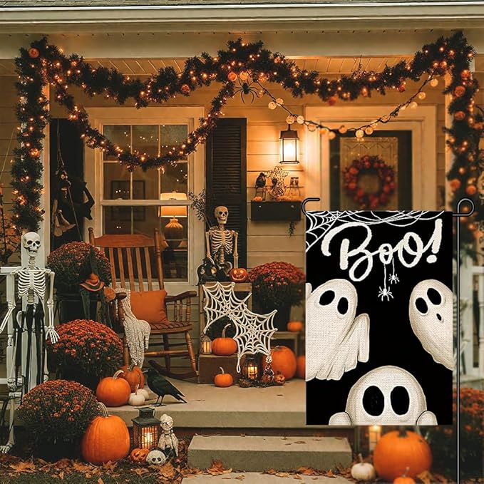 Spooky Ghost Boo Garden Flags for Outside 12x18 Inch Double Sided Burlap, Welcome Sign Halloween Small Flag Banner Farmhouse Holiday Yard Lawn Outdoor Decorations DF878