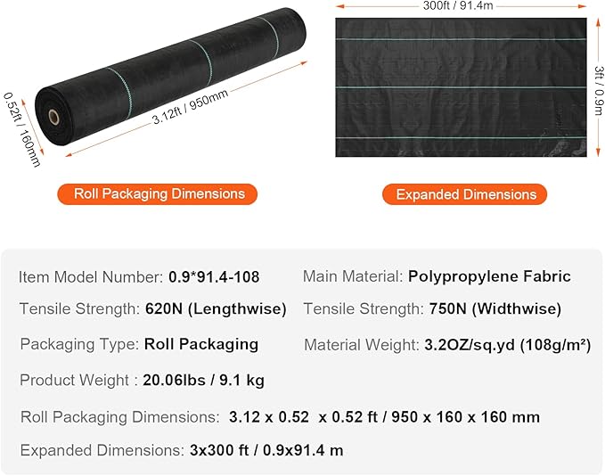 VEVOR Weed Barrier Landscape Fabric, 3x300 FT Heavy Duty Garden Weed Fabric, 3.2Oz Woven Weed Control Fabric, Weed Blocker Mat, Easy Setup, Durable PP Gardening Fabric for Driveway Ground Cover, Black