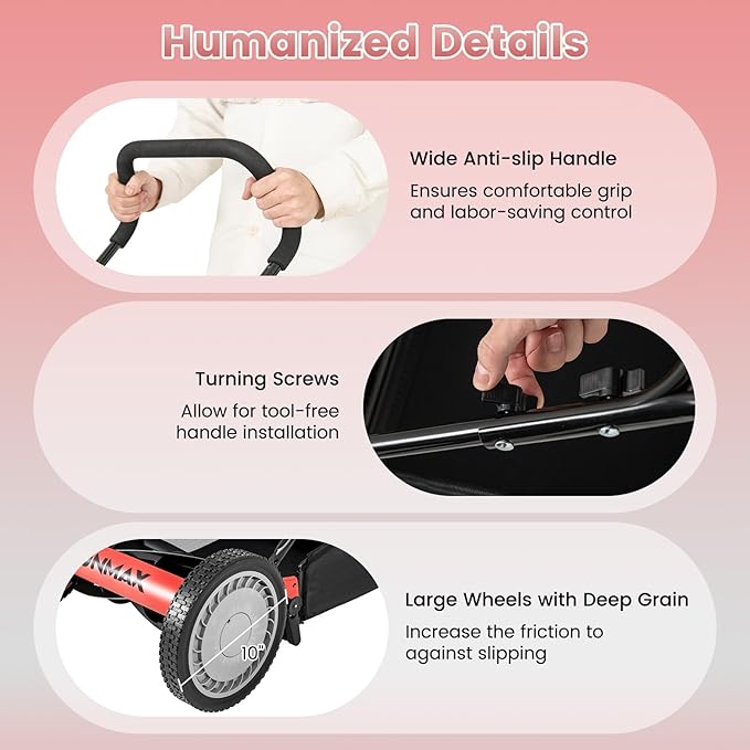 Goplus Manual Lawn Mower, 16 Inch 5-Blade Walk-Behind Cordless Grass Cutter with 7 Gallon Removable Grass Collect Bag, Adjustable Cutting Heights, Push Reel Lawn Mower for Yard, Garden