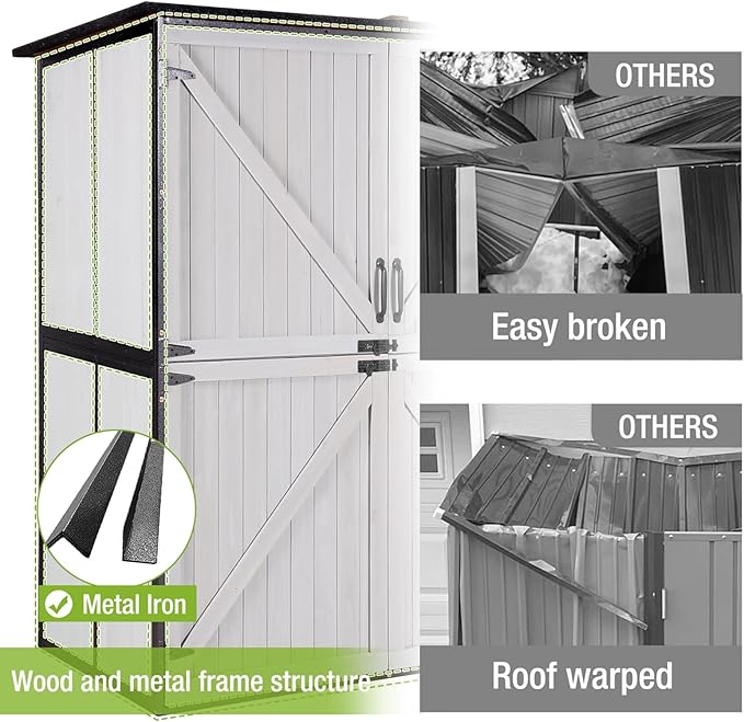 GUTINNEEN Outdoor Storage Shed with Metal Frame,Wooden Tool Cabinet with Adjustable Shelfs, House Garden Shed for Backyard Garden Patio Lawn