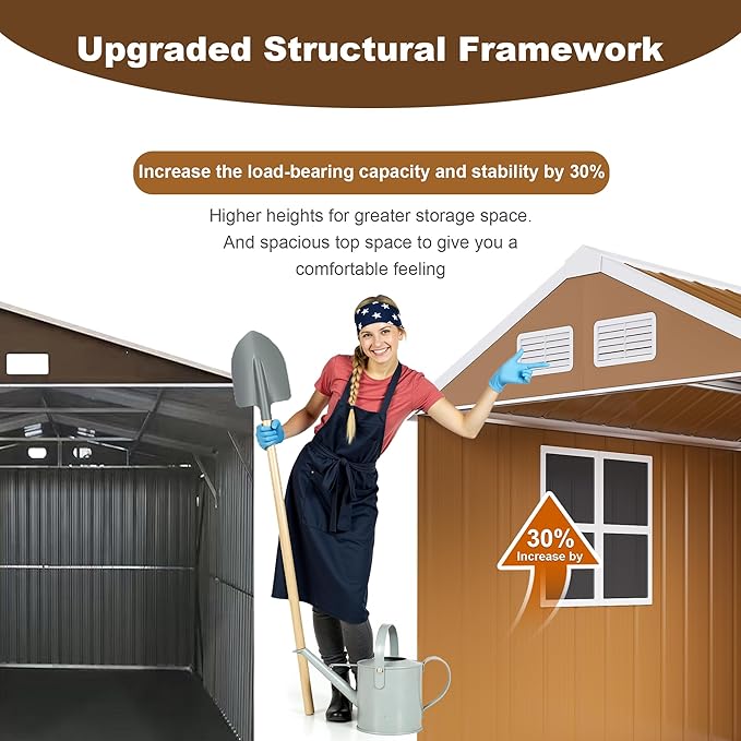 Outdoor Tool Shed 4x6 FT Heavy-Duty Metal Storage Shed with Lockable Door, Windows & Ventilation - Weather-Resistant Roof Garden Shed for Backyard, Patio, Lawn (Brown)