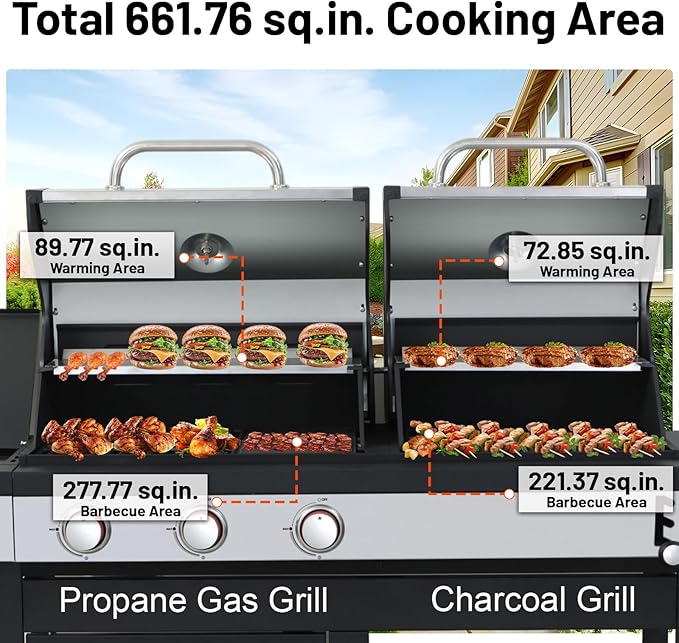 Propane and Charcoal Combo Grill with Side Burner, 37,230 BTU Outdoor BBQ Grill with Porcelain-Enameled Cast Iron Grates and Griddle Plate for Patio, Garden, Backyard (propane+charcoal)