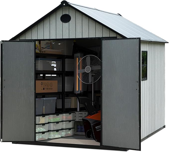 9×7 FT Outdoor Storage Shed, Large Backyard Sheds with Door, All-Weather Plastic Shed with Window, Vents, for Backyard, Patio, Lawn (9×7 FT)