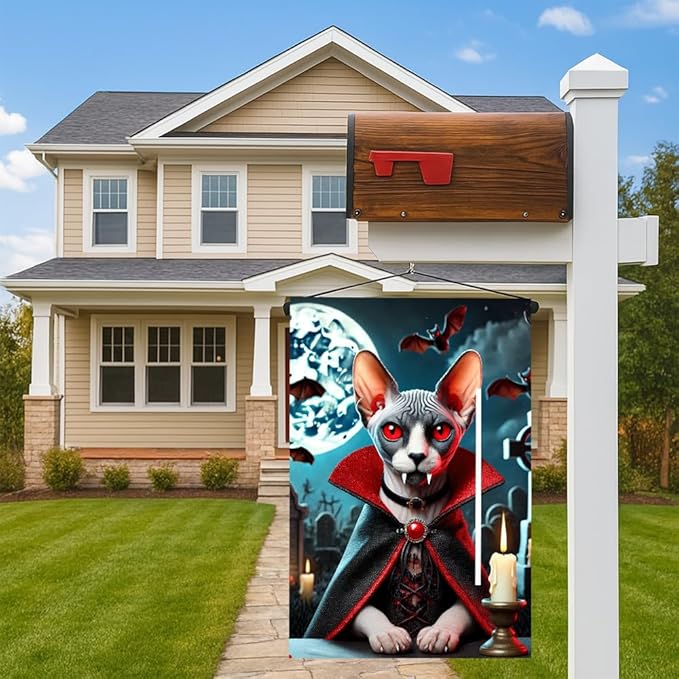 Halloween Garden Flag 11.81 x 17.72 Inch Vampire Sphynx Cat with Red Eyes Fangs Bats Full Moon and Graveyard Outdoor Yard Decoration for Holiday Party