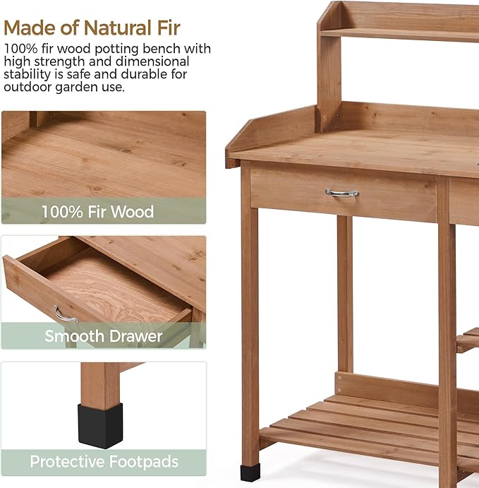 Yaheetech Potting Bench Outdoor Garden Work Bench Station Planting Solid Wood Construction for Horticulture w/Sink Drawer Rack Shelves Brown